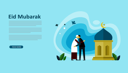 Happy eid mubarak or ramadan greeting with people character. template for web landing page, banner, presentation, social, poster, ad, promotion or print media