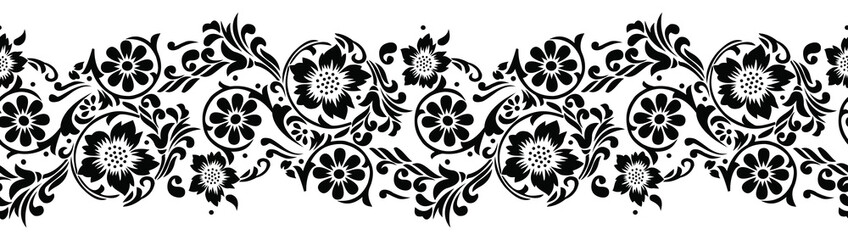 Seamless black and white textile floral border © malkani