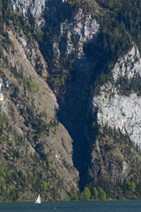Traunstein Mountain With Sailing Boat Salzkammergut, Austria
