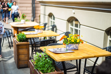 05 May, 2019, Tbilisi, Georgia, Beautiful outdoor cafe tables on the street in historical centre of Tbilisi, Georgia