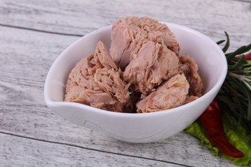 Tasty canned tuna fish in the bowl