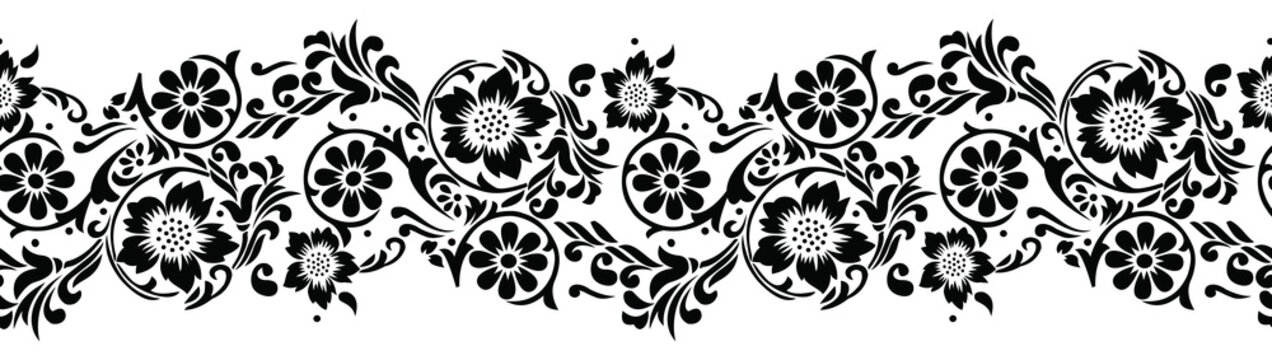 Seamless black and white textile floral border