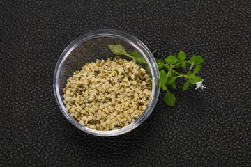 Peeled hemp seeds in the bowl