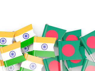 Pins with flags of India and bangladesh isolated on white.