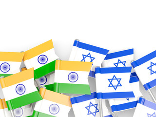 Pins with flags of India and israel isolated on white.