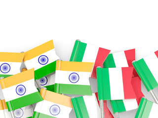 Pins with flags of India and italy isolated on white.