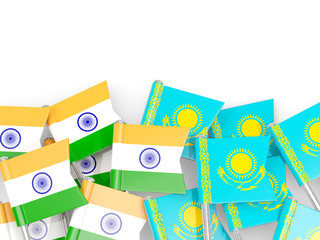 Pins with flags of India and kazakhstan isolated on white.