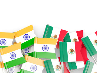 Pins with flags of India and mexico isolated on white.
