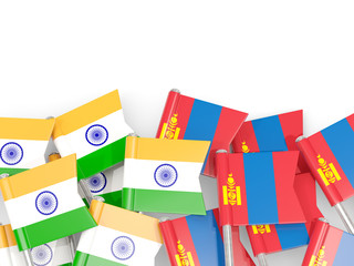 Pins with flags of India and mongolia isolated on white.