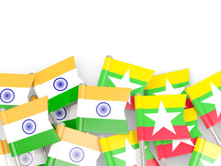 Pins with flags of India and myanmar isolated on white.