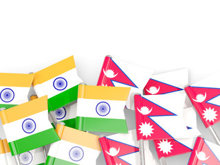 Pins with flags of India and nepal isolated on white.