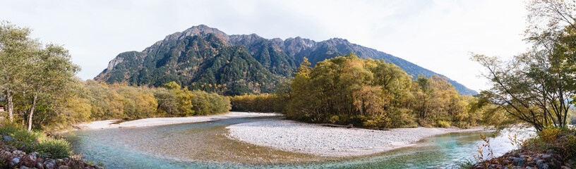 Panoramic view of Beautiful mountain with river at Kamikochi National Park in the Northern Japan Alps of Nagano, Japan. 