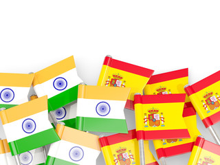 Pins with flags of India and spain isolated on white.
