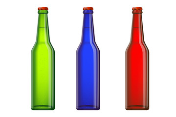 Three beer or another drink bottles - green, blue and red. Realistic vector