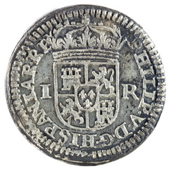Ancient Spanish silver coin of the King Felipe V. 1707. Coined in Segovia. Real. Obverse.