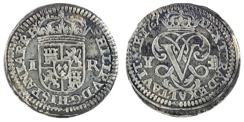 Ancient Spanish silver coin of the King Felipe V. 1707. Coined in Segovia. Real.