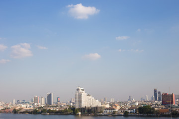 Naklejka premium Modern city downtown building of Bangkok skyling with river