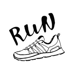 Run lettering with sport shoes. Running typography. Motivational poster for gym, phrase for t-shirt, print, banner, flyer, postcard. Vector illustration