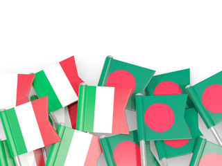 Pins with flags of Italy and bangladesh isolated on white.