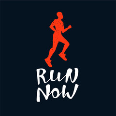 Fototapeta premium Run now lettering with runner silhouette. Running typography. S Vector illustration