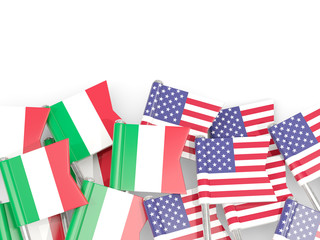 Fototapeta na wymiar Pins with flags of Italy and United States isolated on white.