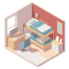 Vector isometric children room icon. Illustration with bunk bed, table, computer, office chair and other furniture
