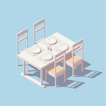 Vector isometric dining table icon. Illustration includes dinner or restaurant table, chairs, dishs and others equipment