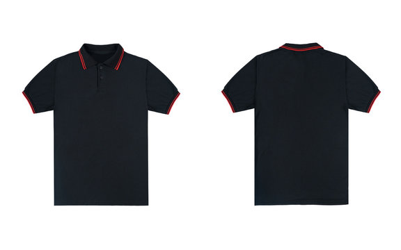 Blank plain polo shirt black with red stripe color isolated on white background. bundle pack polo shirt front and back view. ready for your mock up design project.