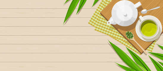 Panoramic banner background with copy space. Set of herbal tea on wooden plate and clothes surround with pandan leaves on rustic wood table. Top view flat lay design vector illustration.