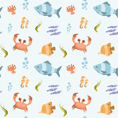 Seamless pattern with cartoon fishes and sea animals. Vector illustration.