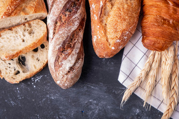 Assortment of fresh bread. Healthy homemade bread. Copy space, Close-up.