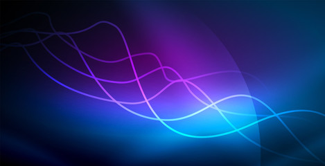 Glowing abstract wave on dark, shiny motion, magic space light. Vector techno abstract background