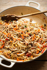 Chinese pork noodle stir fry with egg noodles and vegetables