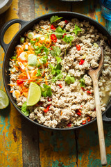 Chicken & pork larb with carrot, scallions and coriander 