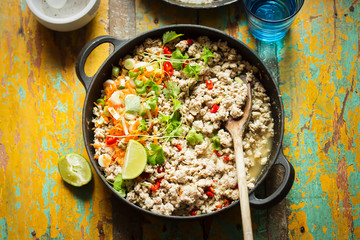 Chicken & pork larb with carrot, scallions and coriander 