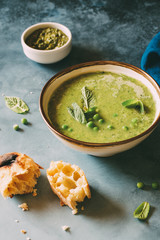Green pea cream soup with mint. Vegetarian healthy soup