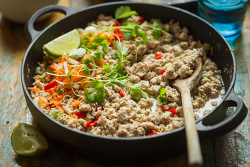 Chicken & pork larb with carrot, scallions and coriander 
