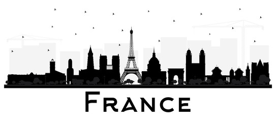 France Skyline Silhouette with Black Buildings Isolated on White.