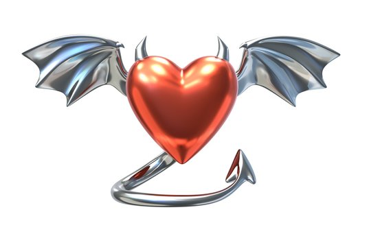3D render of Metallic Heart shape with devil wings isolated on white background