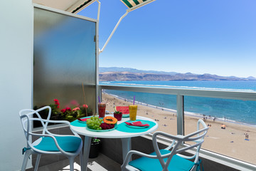 Healthy breakfast on beach terrace