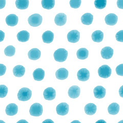 Seamless pattern with blue watercolour dots on white background.