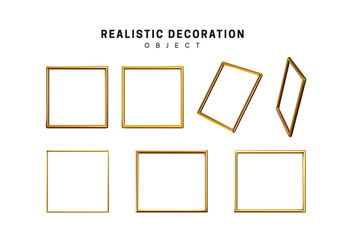 Golden geometric objects square frames. Gold geometric shapes. Golden decorative design elements isolated on white background.