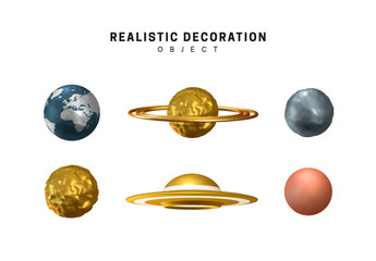 Set of planets and Ufo. Realistic 3d earth, moon and red planet mars, saturn and flying saucer. © lauritta