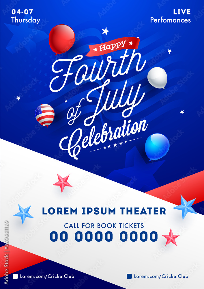 Wall mural fourth of july celebration template or flyer design with balloons, stars and venue details.