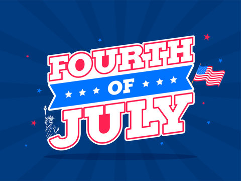 Sticker Style Text Fourth Of July With Wavy Flag On Blue Rays Background For Happy Independence Day. Can Be Used As Banner Or Poster Design.