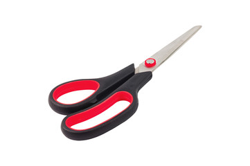 One new clean sharp metal scissors with handles of black and red colors isolated on white background. Clipping path