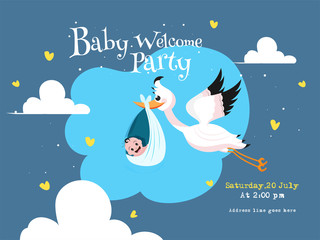 Fototapeta na wymiar Stork carrying a baby in a bag and event details for Baby Welcome Party invitation card design.