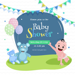 Obraz na płótnie Canvas Baby Shower poster or invitation card design with cute baby, teddy bear and event details on abstract background.