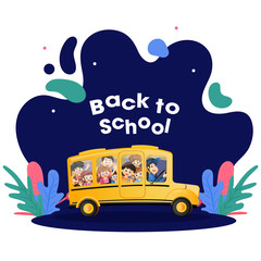 Students are going to school by bus. "Back to School" poster or banner design.