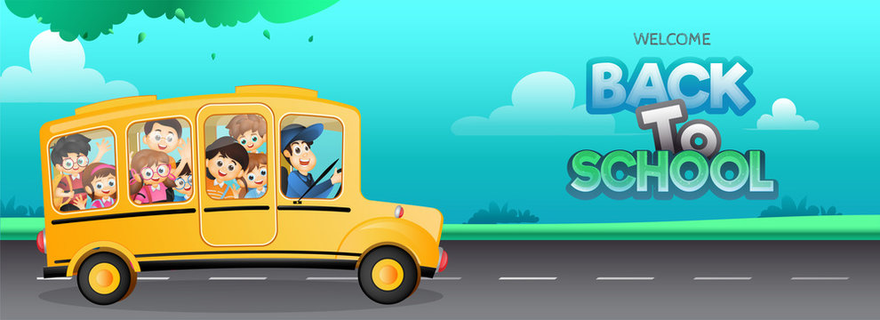 Website header or banner design with illustration of students going to school by bus for Welcome Back to School concept.